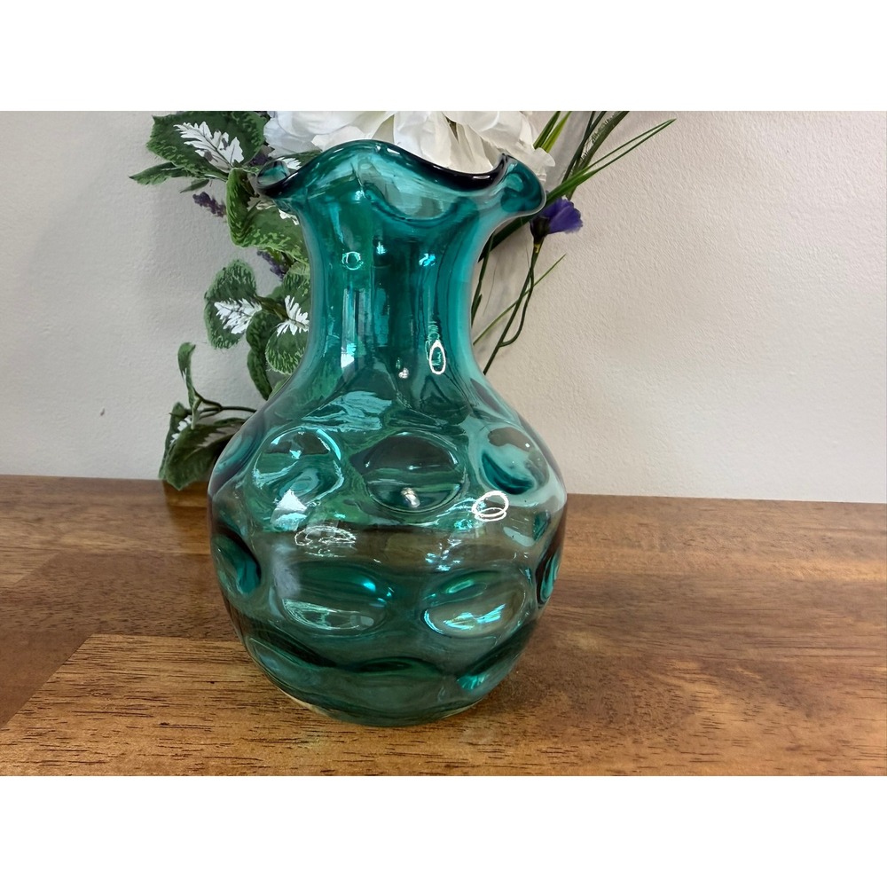 Vintage Teal Coin Dot Art Glass Vase Ruffled Rim Mid Century Modern Ruffled Rim